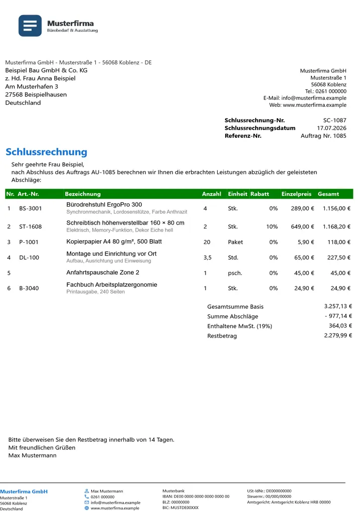 Muster Schlussrechnung im Design Green Akzent, Seite 1, erzeugt mit OfficeOmni