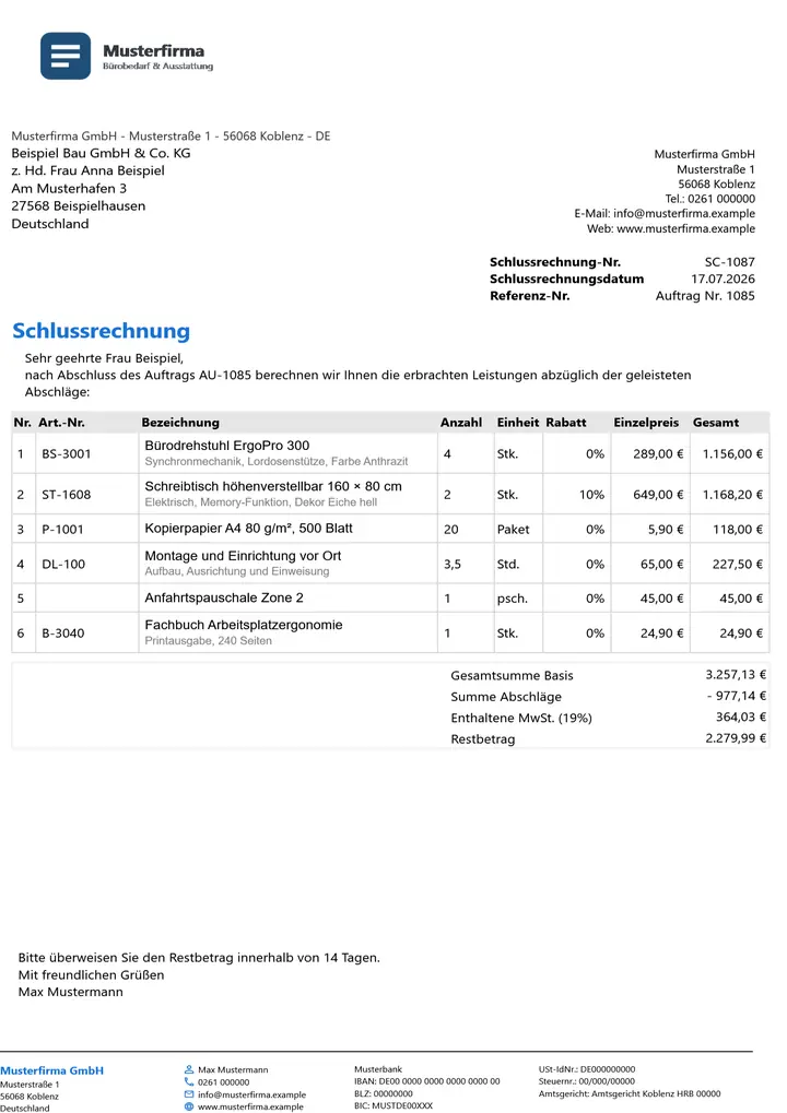 Muster Schlussrechnung im Design Minimal Grau, Seite 1, erzeugt mit OfficeOmni