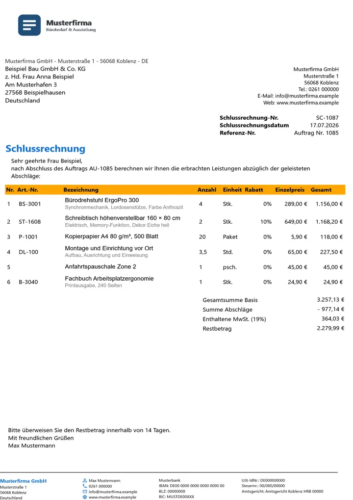 Muster Schlussrechnung im Design Orange Akzent, Seite 1, erzeugt mit OfficeOmni