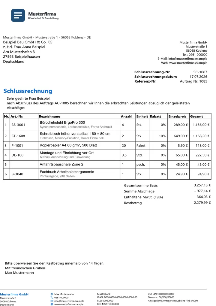 Muster Schlussrechnung im Design Standard, Seite 1, erzeugt mit OfficeOmni