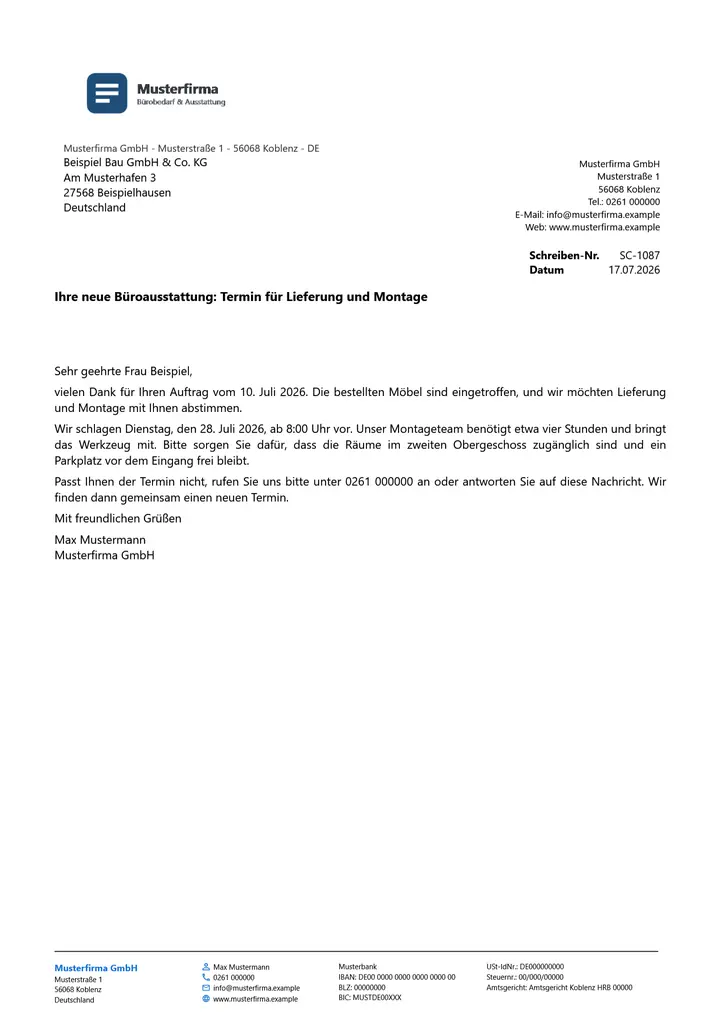 Muster Schreiben im Design Standard, Seite 1, erzeugt mit OfficeOmni