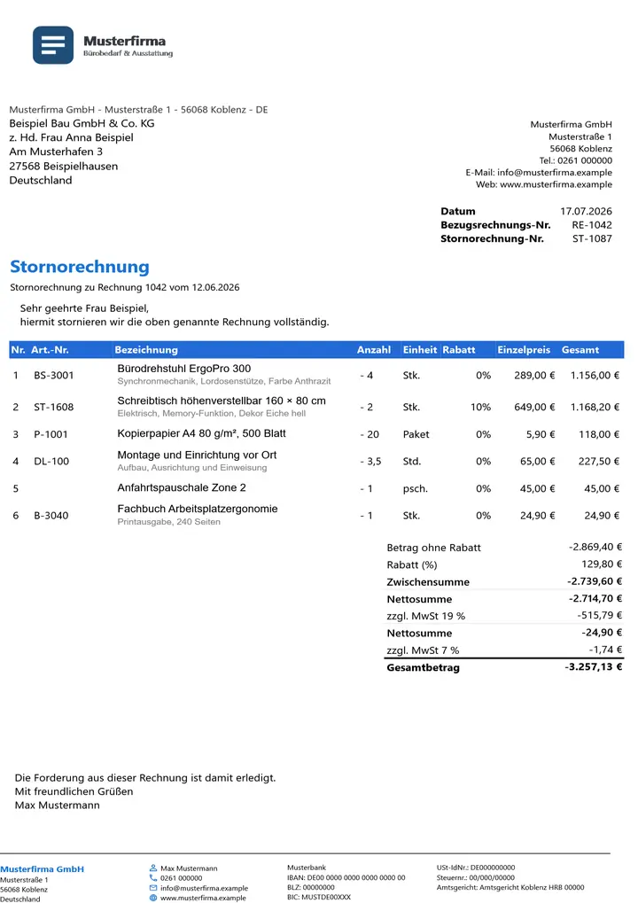 Muster Stornorechnung im Design Business Blau, Seite 1, erzeugt mit OfficeOmni