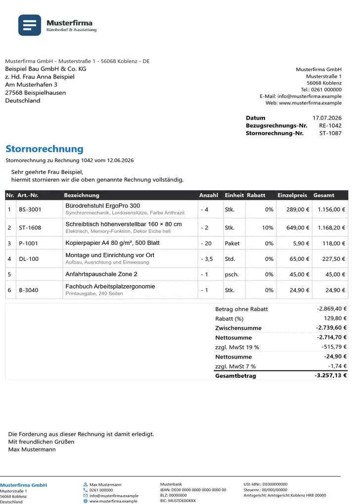 Muster Stornorechnung im Design Dark, Seite 1, erzeugt mit OfficeOmni