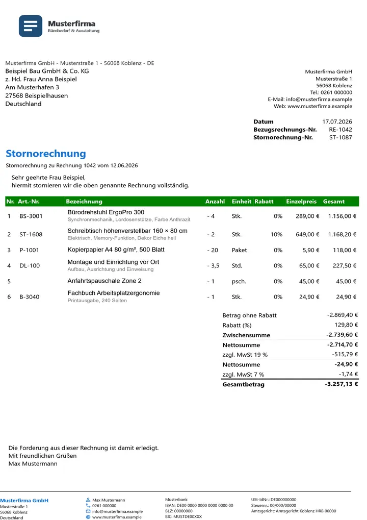 Muster Stornorechnung im Design Green Akzent, Seite 1, erzeugt mit OfficeOmni