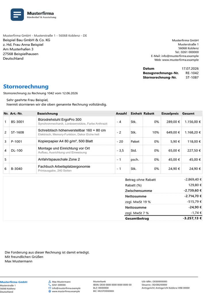 Muster Stornorechnung im Design Minimal Grau, Seite 1, erzeugt mit OfficeOmni