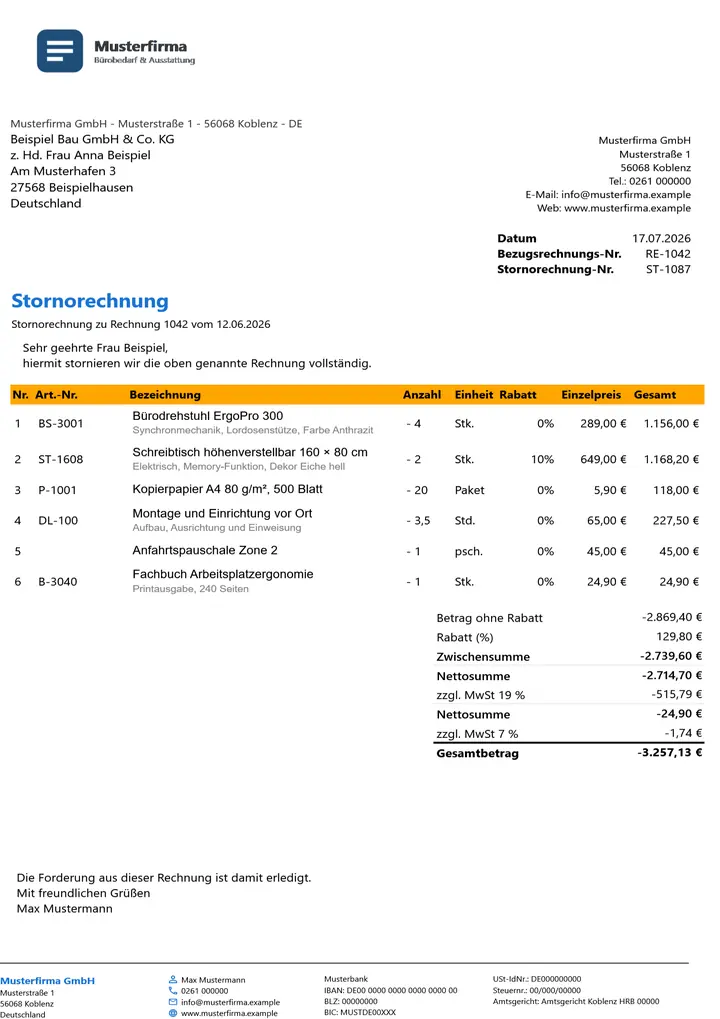 Muster Stornorechnung im Design Orange Akzent, Seite 1, erzeugt mit OfficeOmni