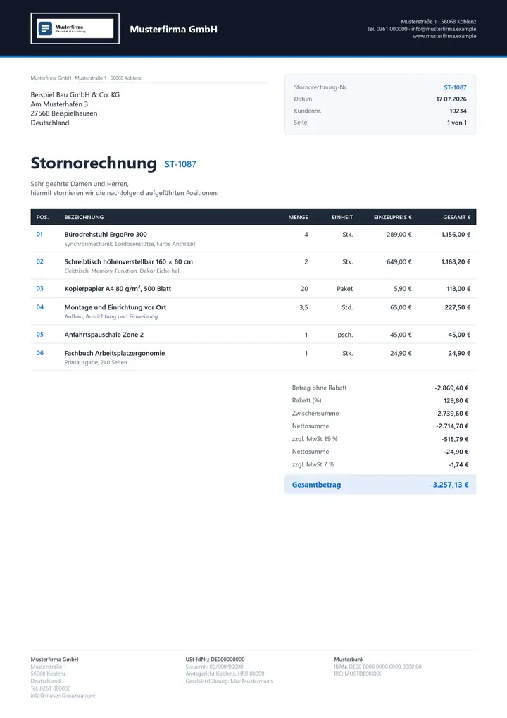 Muster Stornorechnung im Design OfficeOmni Premium-Belegdesign, Seite 1, erzeugt mit OfficeOmni