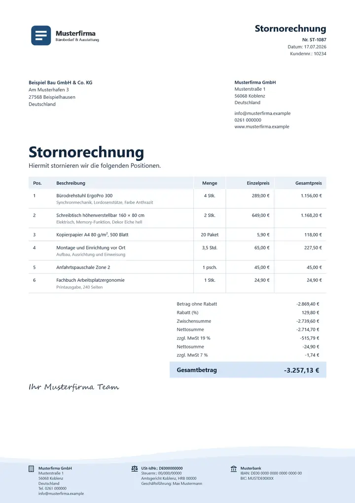 Muster Stornorechnung im Design OfficeOmni Brise, Seite 1, erzeugt mit OfficeOmni