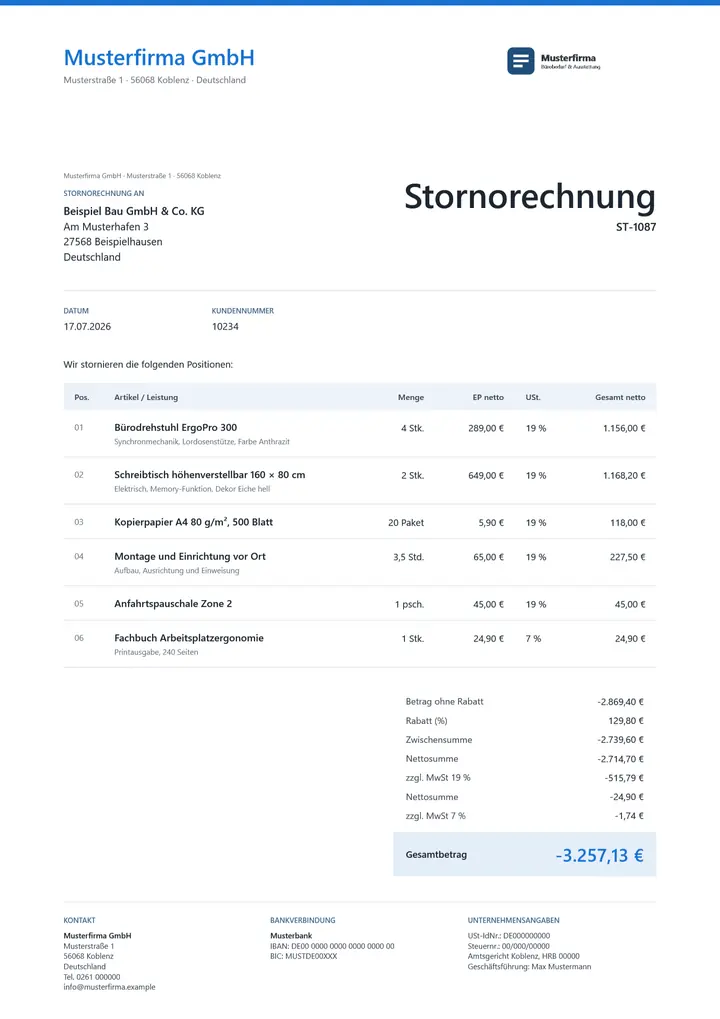 Muster Stornorechnung im Design OfficeOmni Kontor, Seite 1, erzeugt mit OfficeOmni