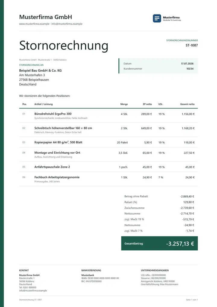 Muster Stornorechnung im Design OfficeOmni Linie, Seite 1, erzeugt mit OfficeOmni