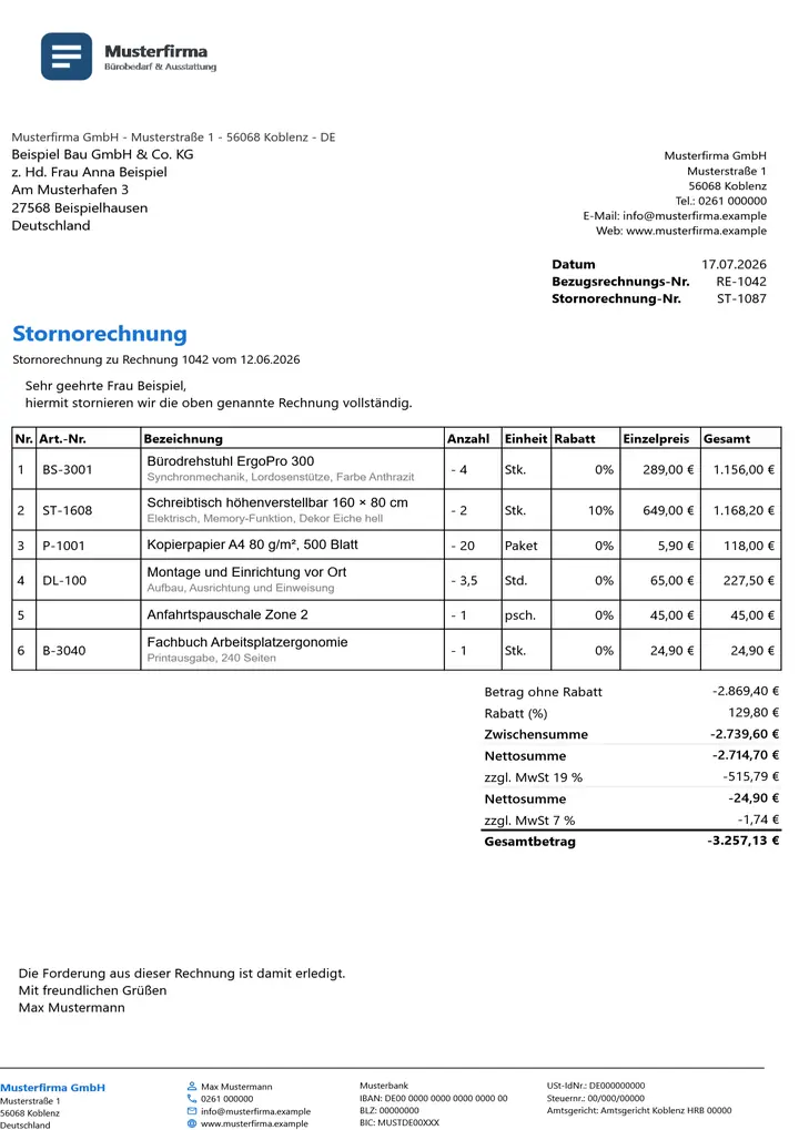 Muster Stornorechnung im Design Standard, Seite 1, erzeugt mit OfficeOmni