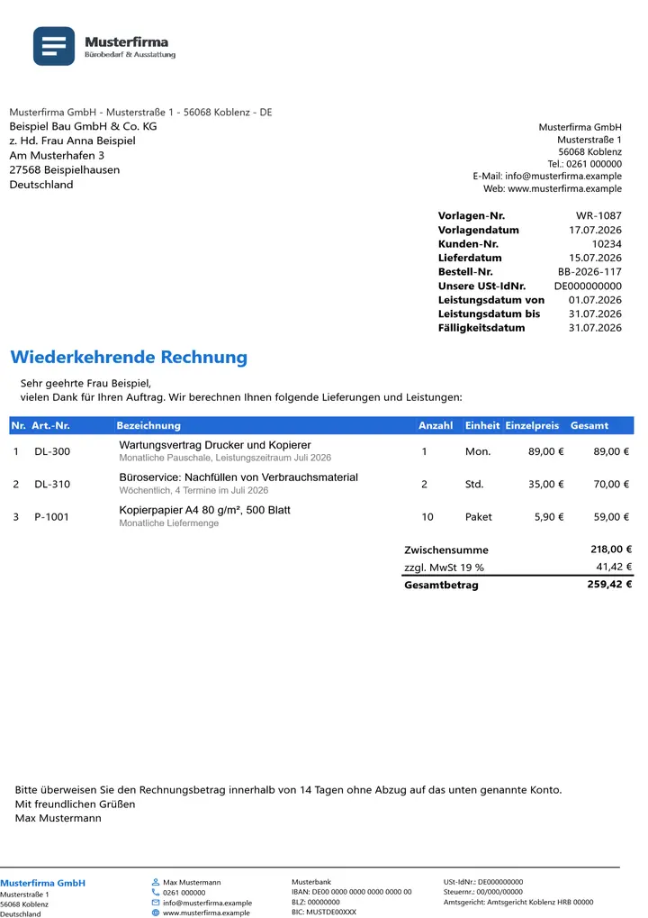 Muster Wiederkehrende Rechnung im Design Business Blau, Seite 1, erzeugt mit OfficeOmni