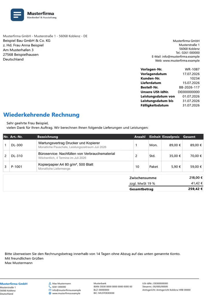 Muster Wiederkehrende Rechnung im Design Dark, Seite 1, erzeugt mit OfficeOmni