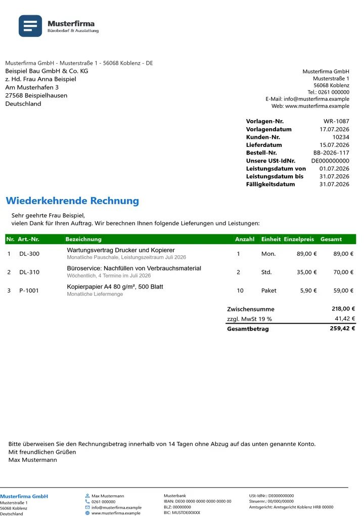 Muster Wiederkehrende Rechnung im Design Green Akzent, Seite 1, erzeugt mit OfficeOmni