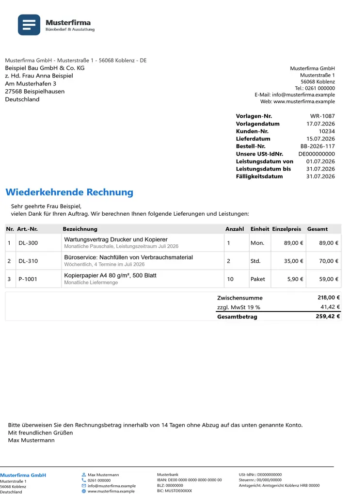 Muster Wiederkehrende Rechnung im Design Minimal Grau, Seite 1, erzeugt mit OfficeOmni
