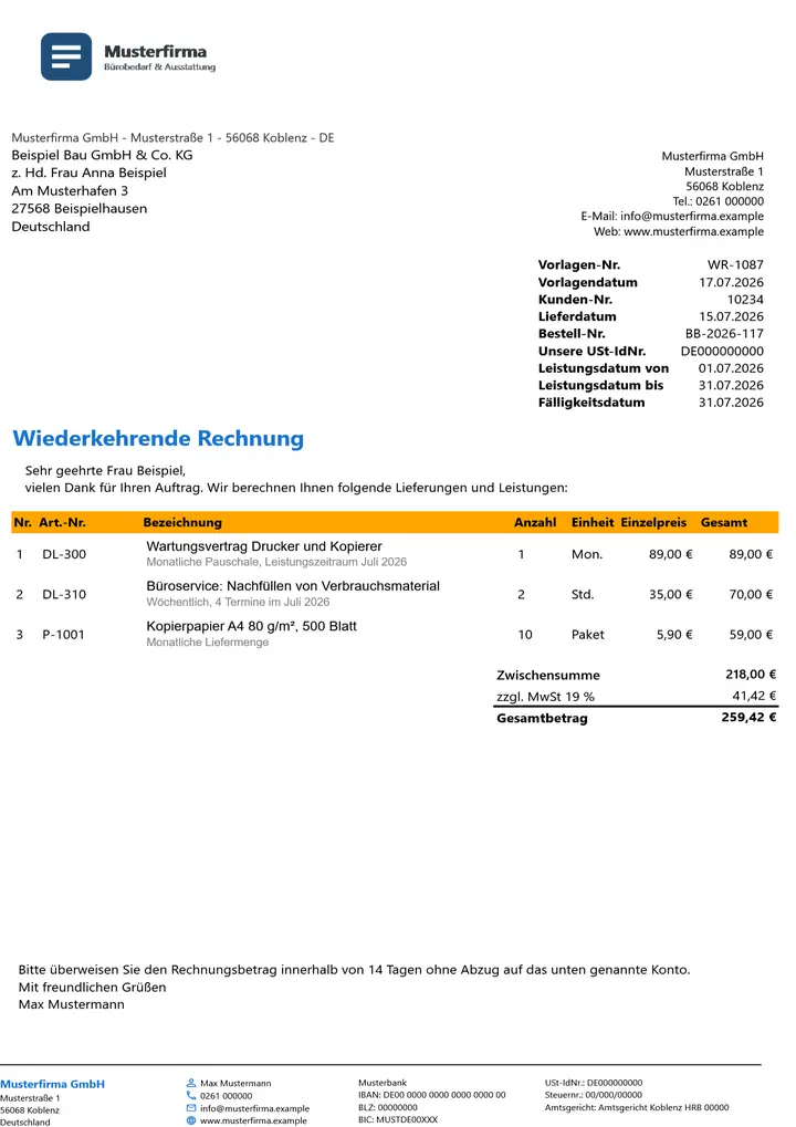 Muster Wiederkehrende Rechnung im Design Orange Akzent, Seite 1, erzeugt mit OfficeOmni