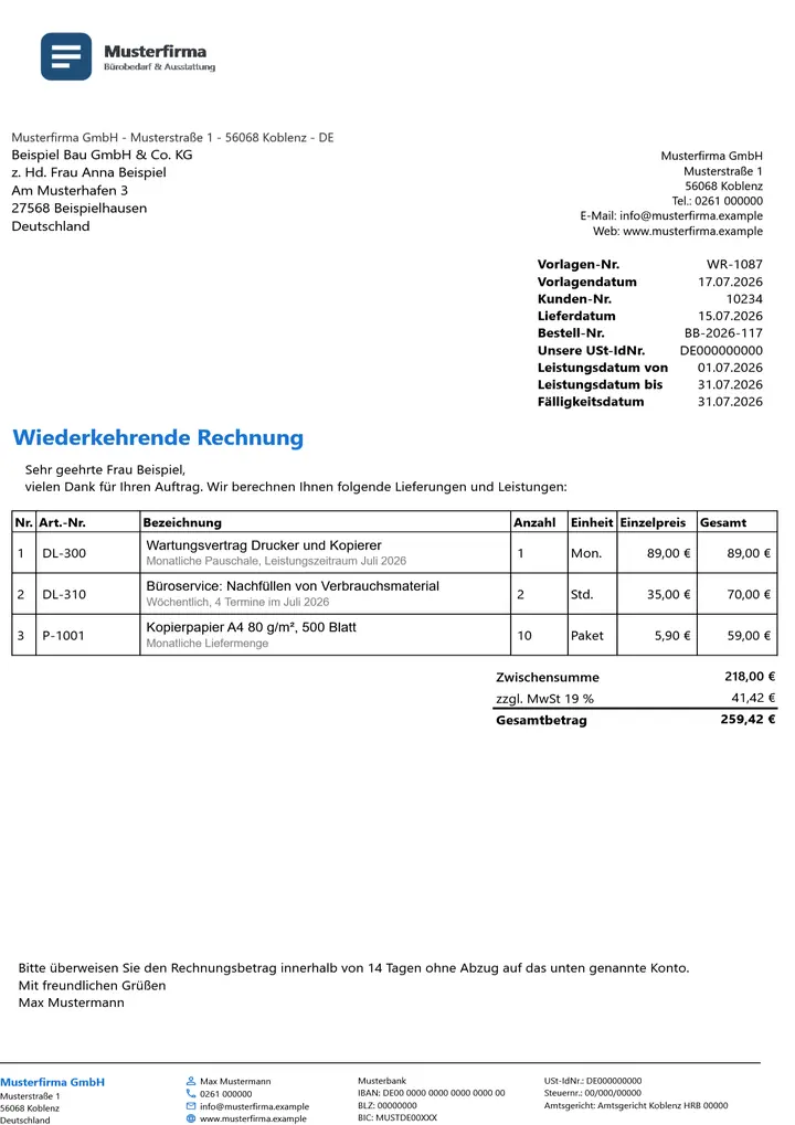 Muster Wiederkehrende Rechnung im Design Standard, Seite 1, erzeugt mit OfficeOmni